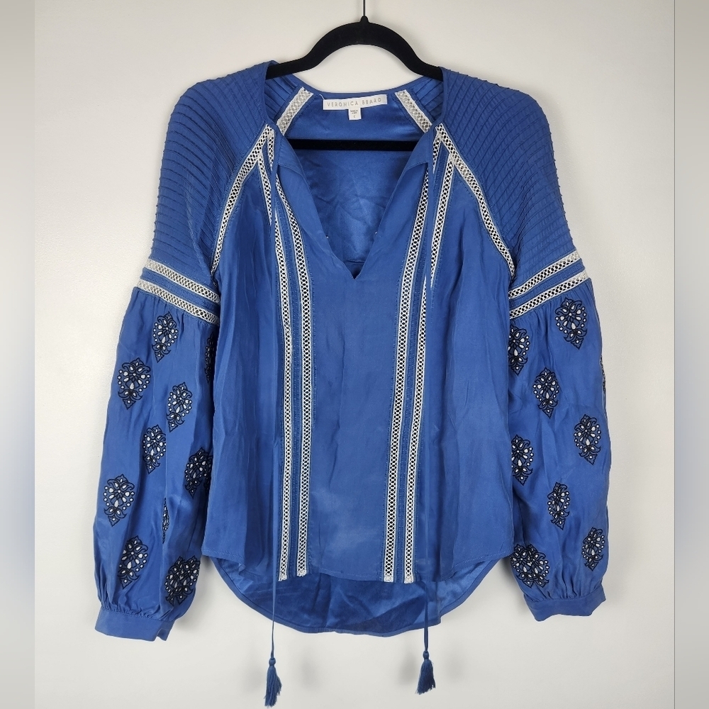 Veronica Beard Alpine Blue Silk Embroidered Tassel Blouse Top Size 0​
